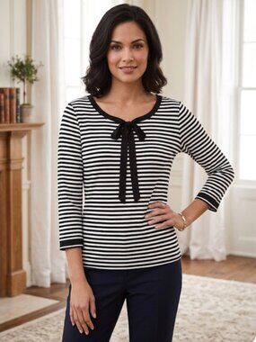 Talbots Black White Striped Tie Neck Top Maritime Nautical Bow, 3/4 Sleeve, sz M